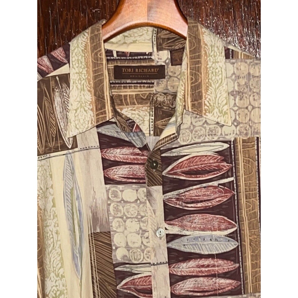 TORI RICHARD BEIGE & RED LT WEIGHT LEAF FLORAL COTTON SHORT SLEEVE SHIRT LARGE L